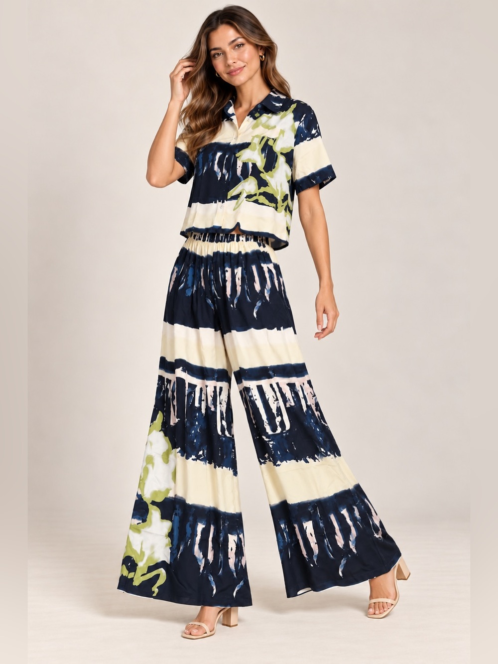 Abstract Print Two-Piece Shirt & Wide-Leg Pants Set Small
